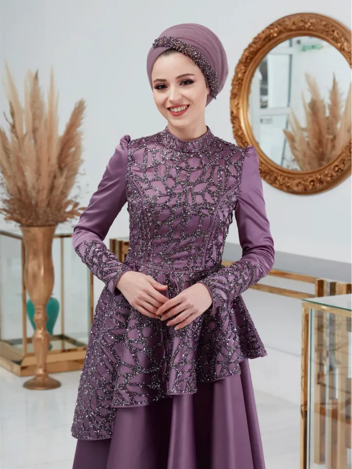 Hürrem Lavander Satin Embroidered Ahunare Wedding Dress, Muslim Evening Gown, Nikah, Islamic Wedding, Engagement, Bridesmaid, Maxi Dress