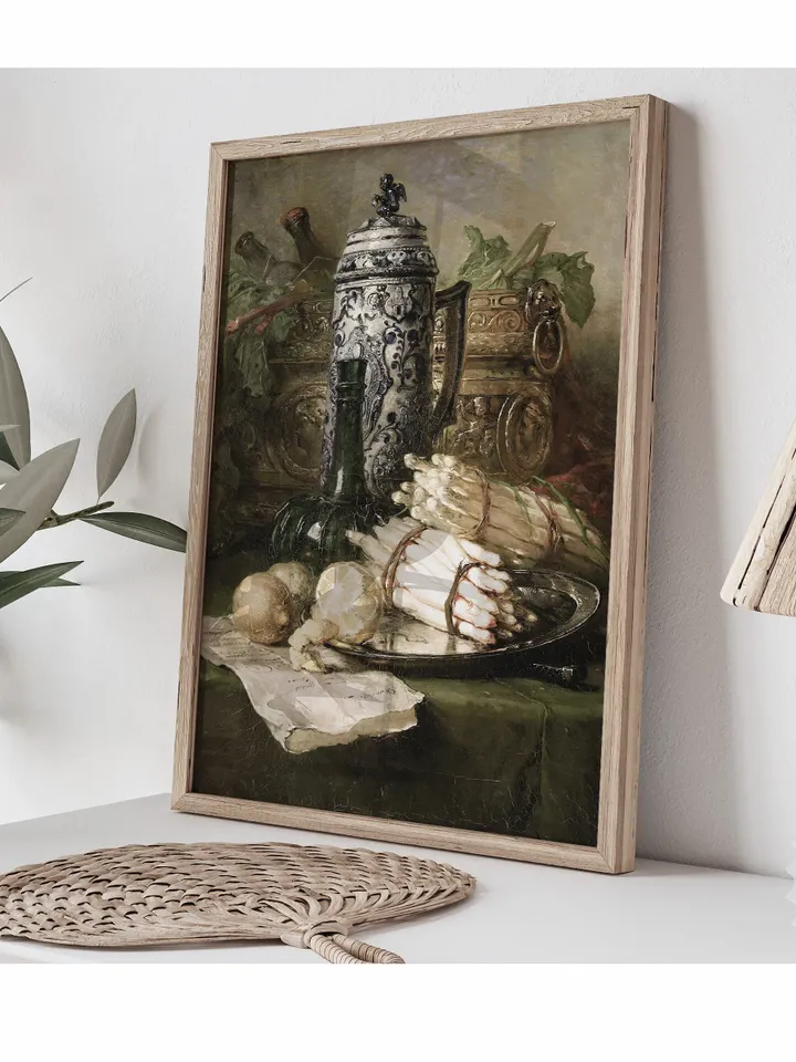 Rustic Still life Pottery Jug Vintage Print, Lemon Asparagus, Farmhouse Kitchen Painting Printable Art | 208