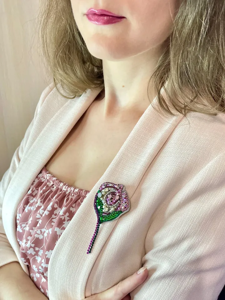Moon Flower Beaded Brooch, Handmade Embroidered Accessory, Pin Blossom in Pink with Half-moon Crescent, Flower Brooch