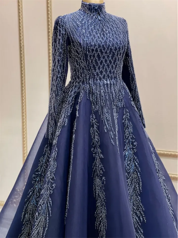 AHUNARE HIJAB - Şirin  Navy Blue Embroidered  Wedding Dress, Muslim Evening Gown, Nikah, Islamic Wedding, Engagement, Bridesmaid,