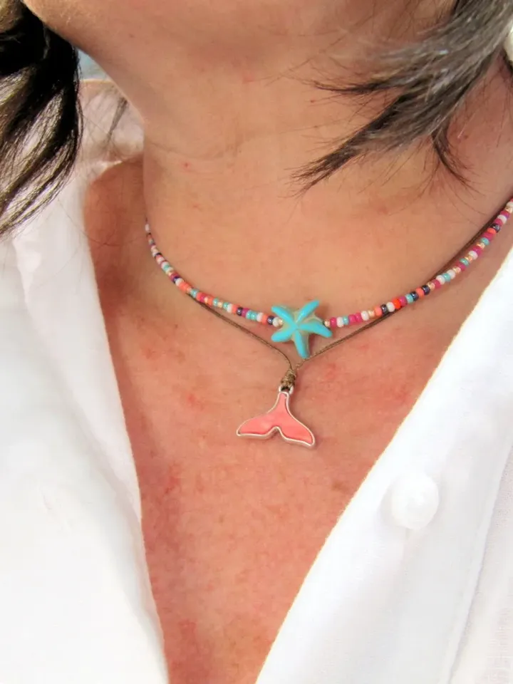 Fin necklace boho style, ocean chain, silver pendant fins, maritime chain, blue pendant, gift for woman, enamelled pendant, gift for friend