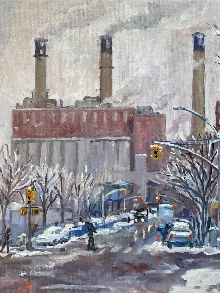 Original New York Cityscape Painting - Morning Snow/Avenue D/NYC- 16x20 Oil on Linen, Urban Impressionist Winter Scene, Original Landscape