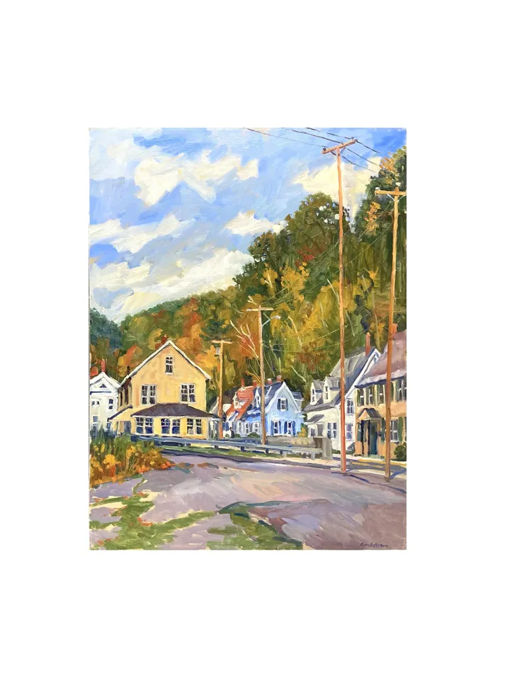 Large Original Landscape Painting -Mill Autumn Houses/North Adams- 18x24 Oil on Canvas, Berkshires Plein Air Impressionist Fine Art