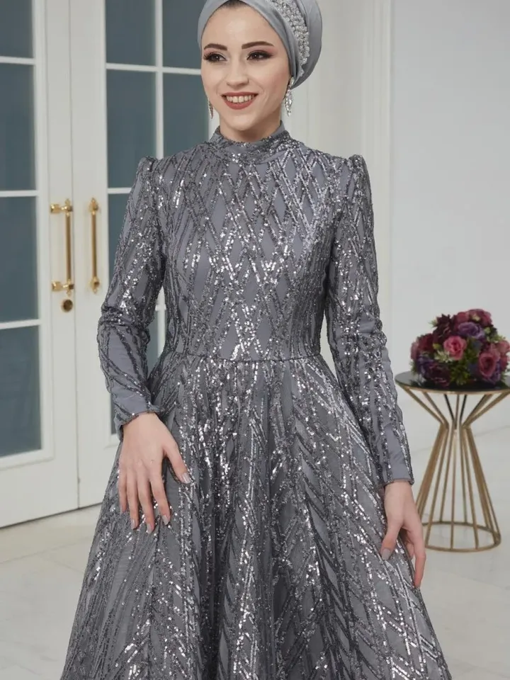 AHUNARE HIJAB - Prenses Grey Embroidered Wedding Dress, Muslim Evening Gown, Nikah, Islamic Wedding, Engagement, Bridesmaid,