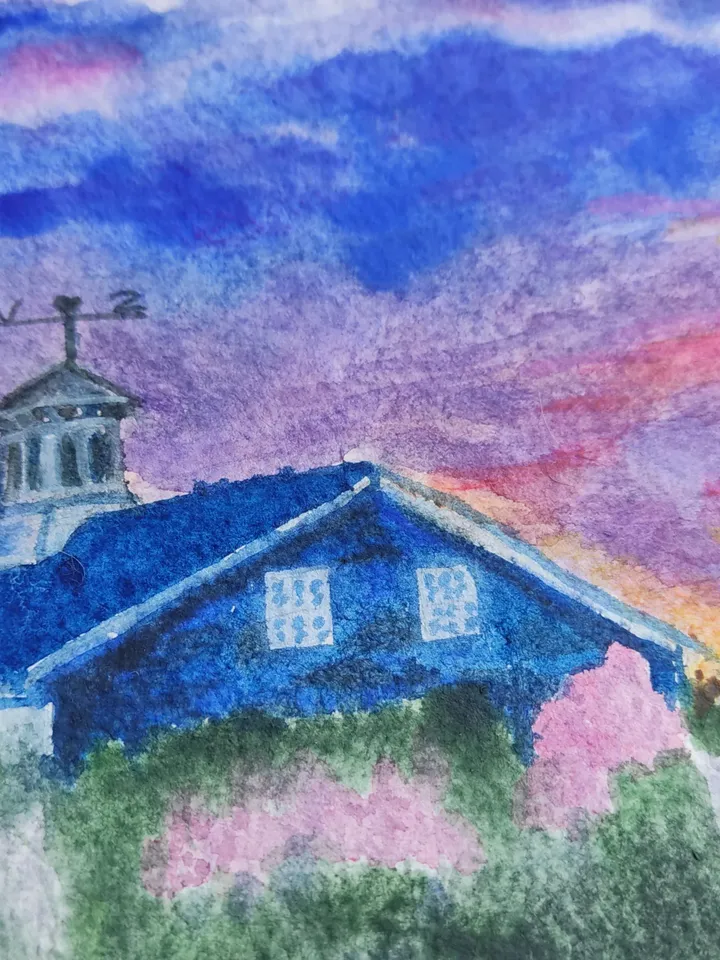 Sunset painting original watercolor art flower fields village landscape
