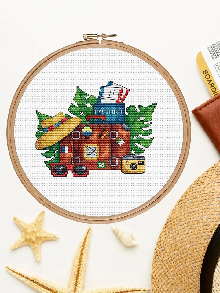 Travel Cross Stitch Pattern PDF, Suitcase Travel Cross Stitch, Vintage Travel Modern Cross Stitch, Easy Cross Stitch Travel