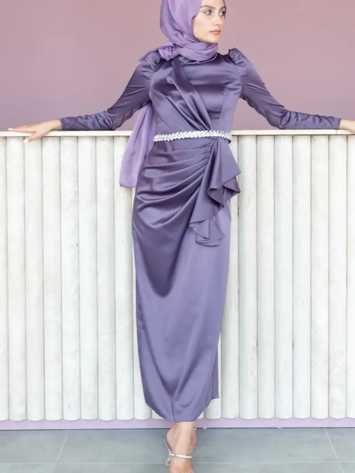 AHUNARE HIJAB - Buket Dress, Satin Dress, Lilac Color, Muslim Evening Dress, Nikah, Wedding, Engagement, Bridesmaid, ,