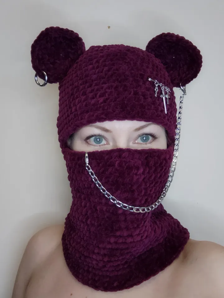 Crazy bear balaclava crochet Goth balaclava with bear ears Trendy balaclava with ears Teens gift Halloween bear mask
