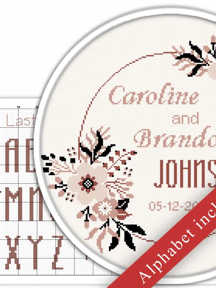 Wedding cross stitch pattern. DIY. Wedding announcement. Floral border.