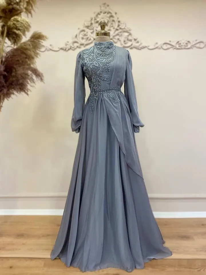 Samyeli Blue Chiffon Ahunare Wedding Dress, Muslim Evening Gown, Nikah, Islamic Wedding, Engagement, Bridesmaid, Maxi Dress