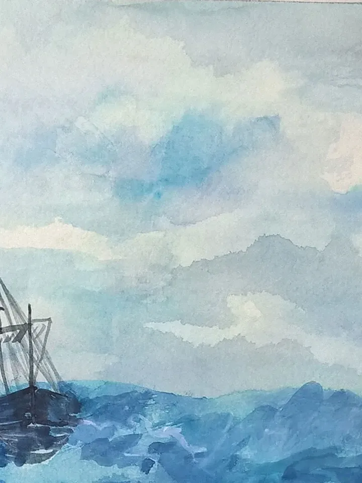 Watercolor painting depicting a sea wave and sailboat. Original watercolor painting