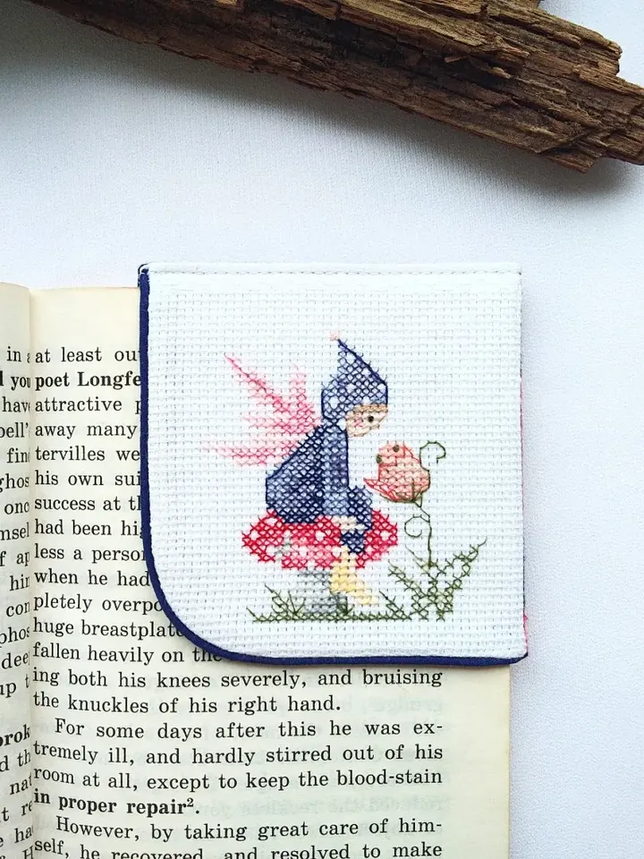 Fairy mushroom bookmark personalized, Cute bookmark with elf on mushroom, Cottagecore gift, Embroidered book lover gift