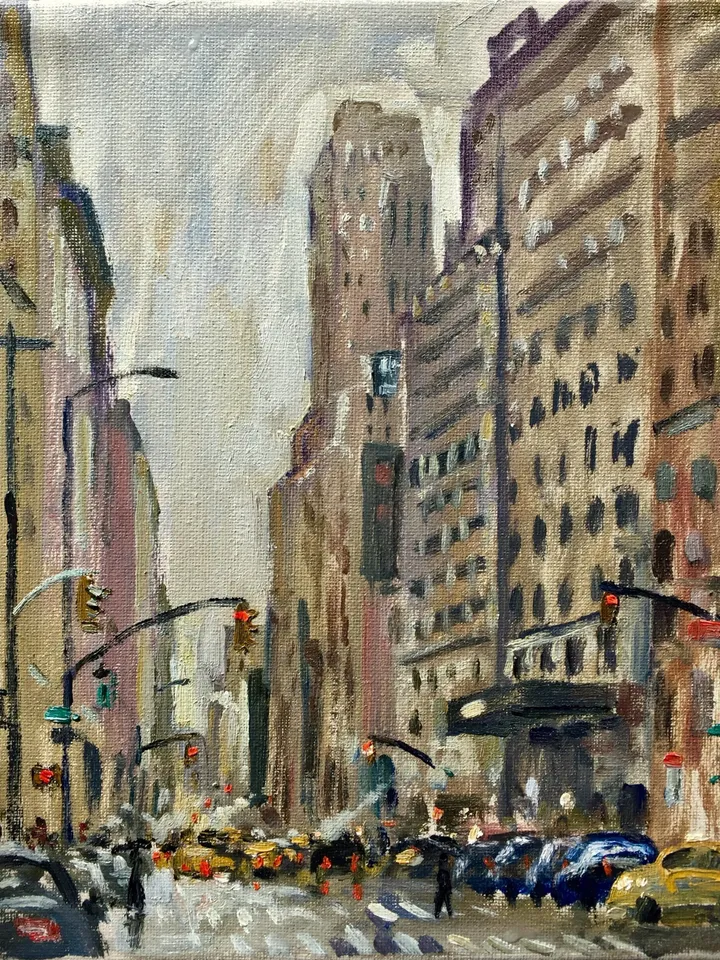 New York Cityscape Painting - Midtown Rain/7th Ave/NYC- 8x10 Oil on Canvas, Urban Impressionist Landscape, Signed Original American Fine Art