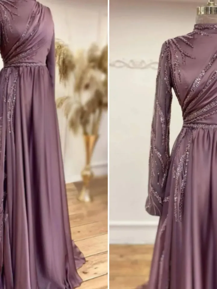 AHUNARE HIJAB - Şura Lilac Chiffon Tailed Wedding Dress, Muslim Evening Gown, Nikah, Islamic Wedding, Engagement, Bridesmaid,