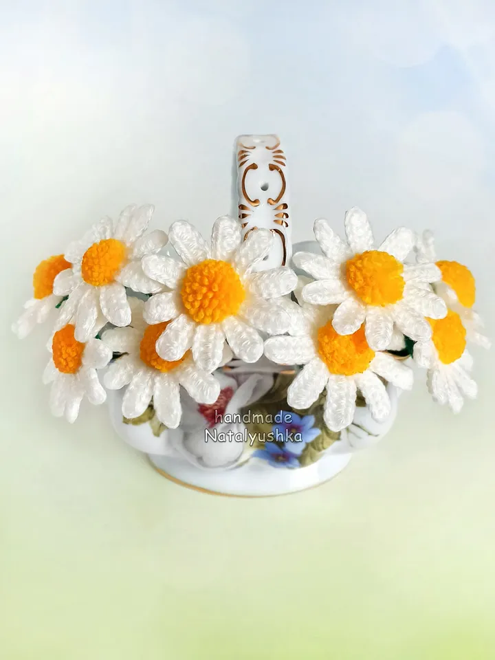 Chamomile bouquet of 5 flowers, Summer bouquet Daisy, Wildflowers, Crochet Interior flowers, Fake flower.