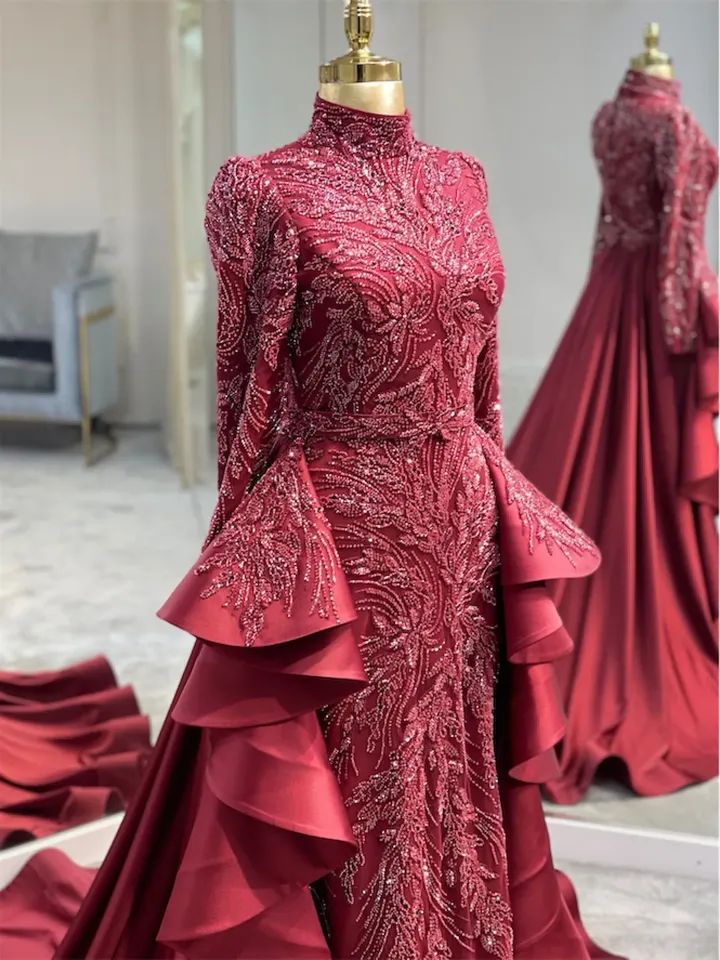 AHUNARE HIJAB - Çiçek Red Mermaid Tailed Embroidered  Wedding Dress, Muslim Evening Gown, Nikah, Islamic Wedding, Engagement, Bridesmaid,