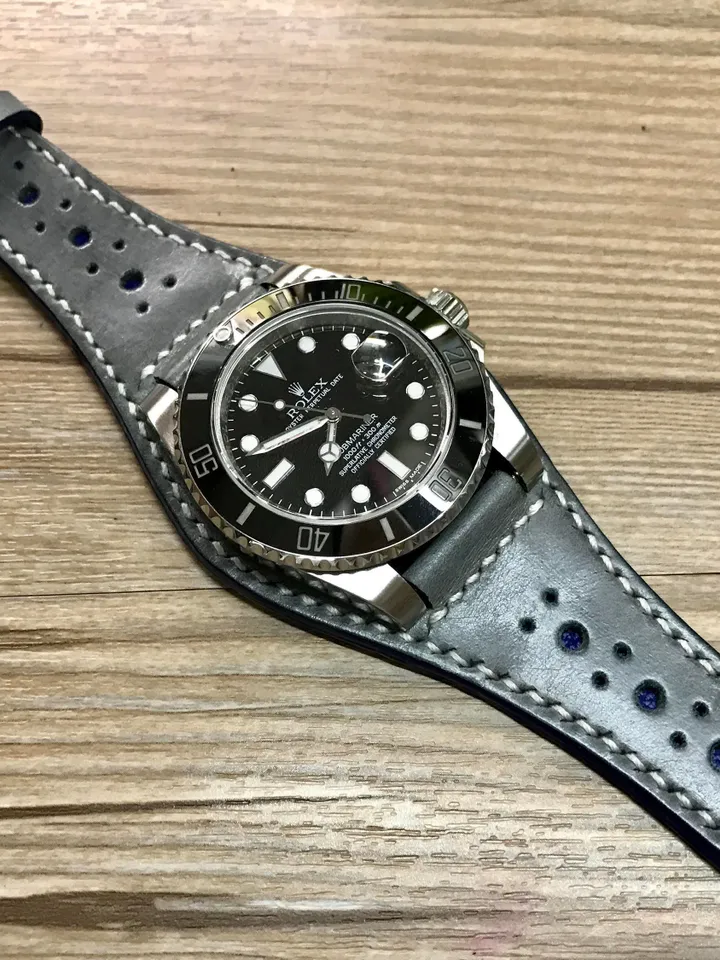 Leather watch Band, Full bund strap, 20mm strap, leather watch strap, Gray watch band, Brogue Pattern, 20mm watch band, FREE SHIPPING