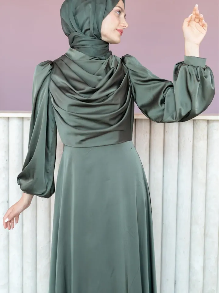 AHUNARE HIJAB - Selvi Dress, Satin Dress, Khaki Color, Muslim Evening Dress, Nikah, Wedding, Engagement, Bridesmaid, ,