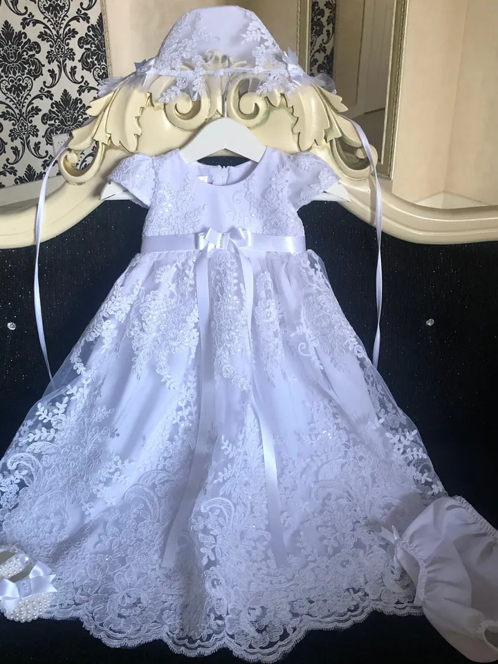 White dress with lace and sparkles, headband, bonnet, panties and shoes. Baptism outfit. Christening gown for baby girl.
