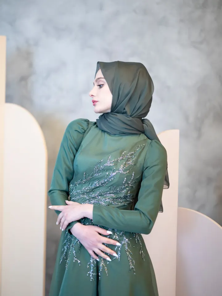 Dilnur Green Ahunare Embroidered Wedding Dress, Muslim Evening Gown, Nikah, Islamic Wedding, Engagement, Bridesmaid, Maxi Dress