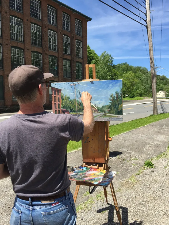 Berkshires Landscape Painting - Autumn Light/North Adams - 8x10 Oil on Linen, Impressionist Plein Air Cityscape Fine Art, Original Oil