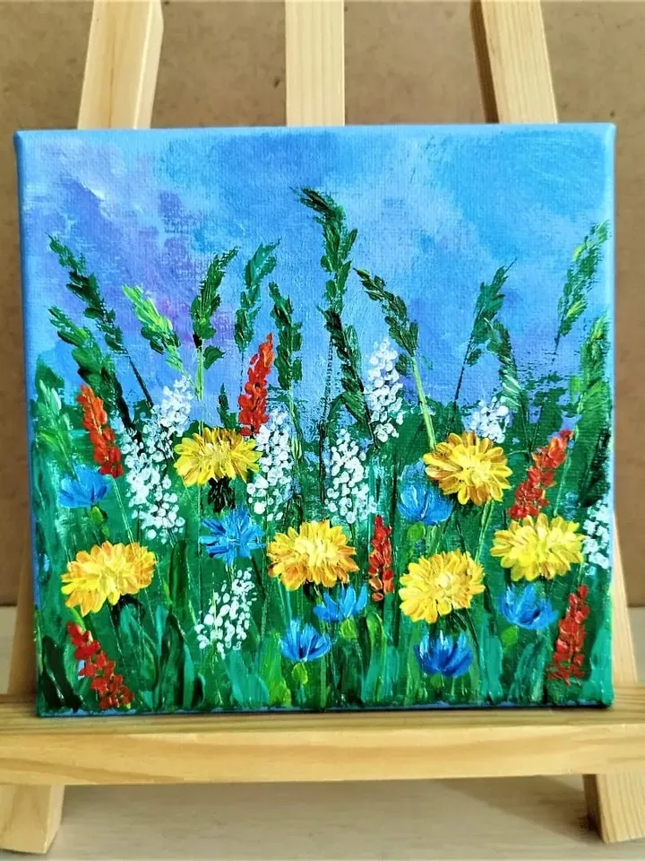 Wildflowers acrylic painting dandelion wall art impasto