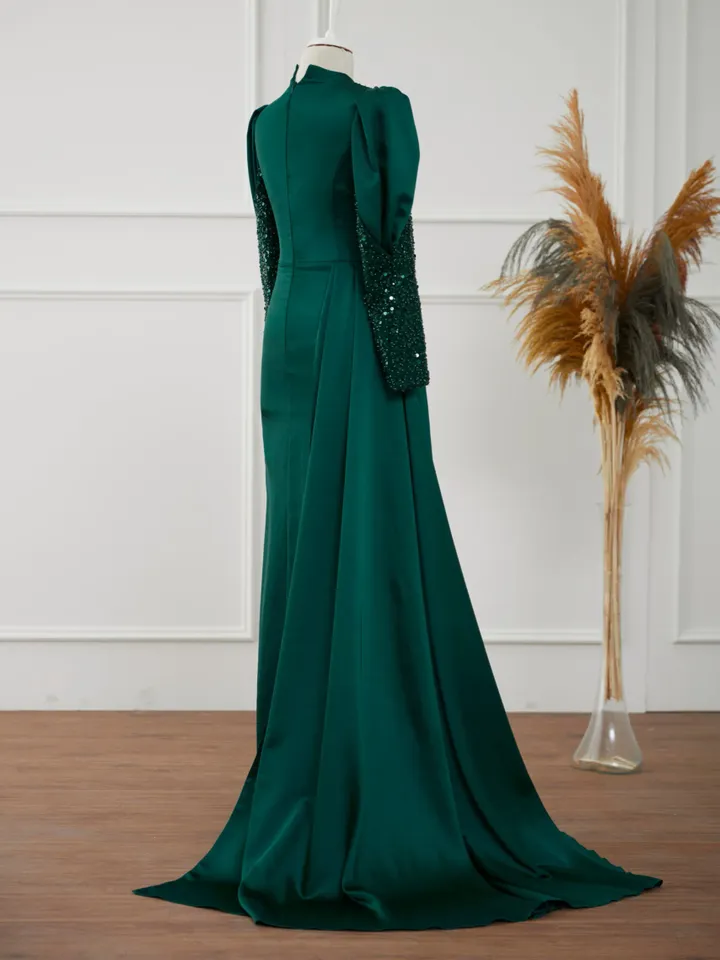 Karel Emerald Satin Side-Tailed Embroidered Wedding Dress, Muslim Evening Gown, Nikah, Islamic Wedding, Engagement, Bridesmaid,