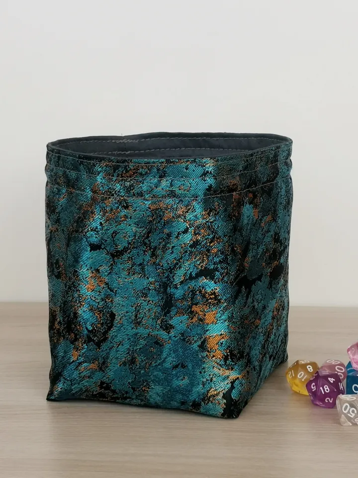 Large dice bag with pockets for 150-200 dice Dark teal and gold jacquard