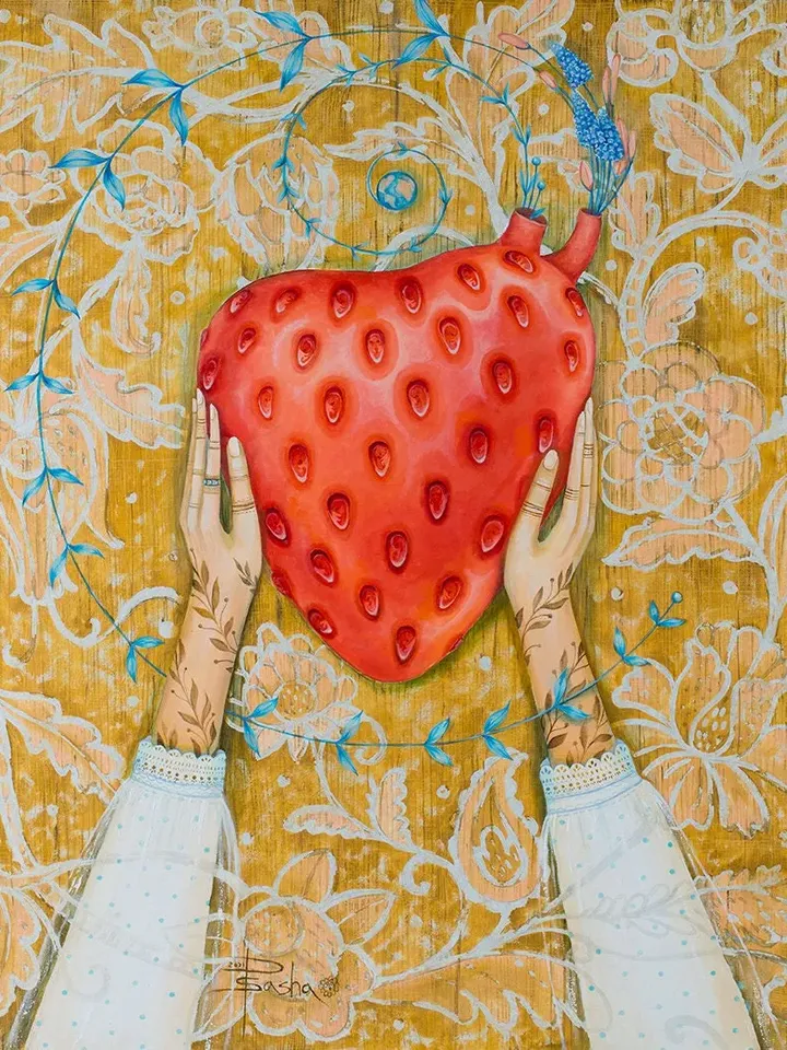 Big heart in hands, Strawberry heart, print on canvas from the original work by Ukrainian artist Aleksandra Paranchenko, Wall décor
