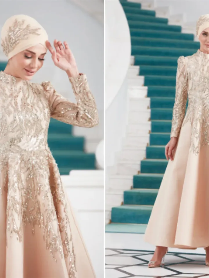 AHUNARE HIJAB - Yıldız Cream Embroidered Wedding Dress, Muslim Evening Gown, Nikah, Islamic Wedding, Engagement, Bridesmaid,