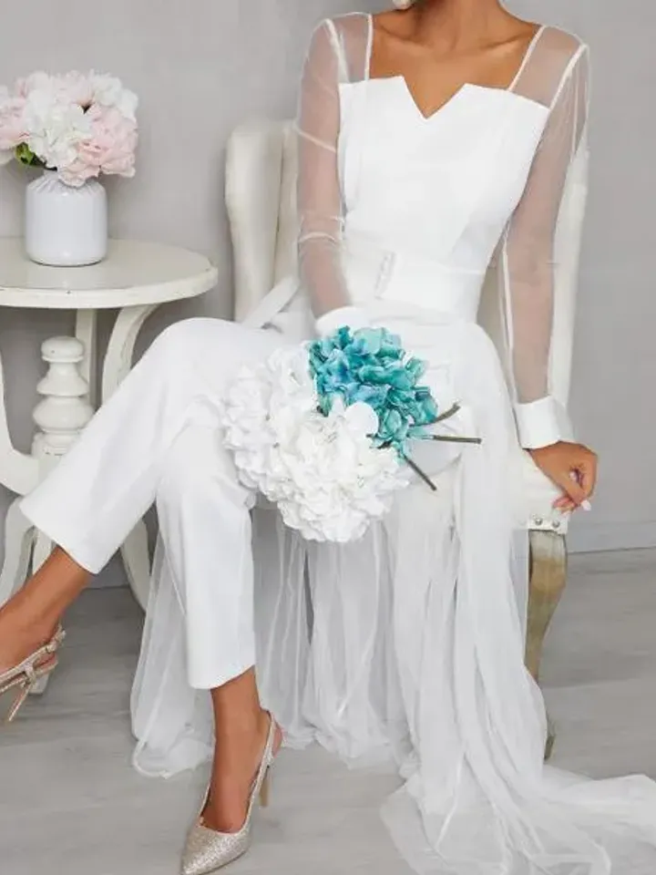 Solid Notched Neck Long Sleeve Pearl Beaded Waist Jumpsuit With Mesh Skirt