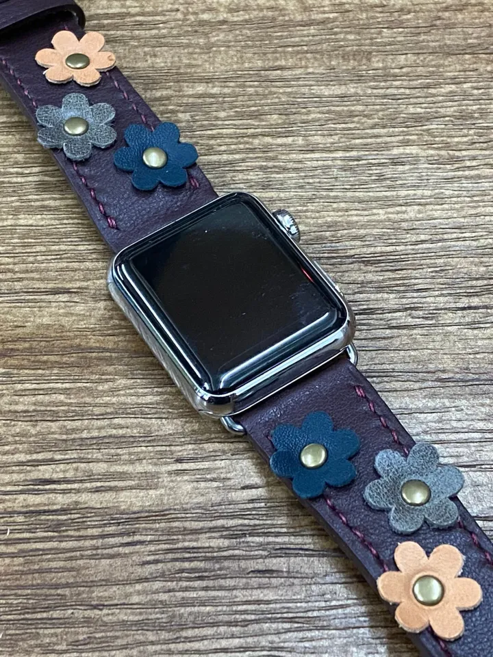 Purple Red Single Tour Apple Watch Band 41mm 40mm 38mm Series 7, Genuine Leather Rallye iWatch Strap with Flower Decoration, Smartwatch Band