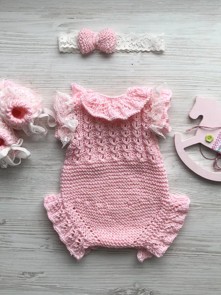 Pink knit romper with headband and booties for baby girl. Pink outfit with ivory lace, pearls and ribbon for baby. Hand made clothing set.