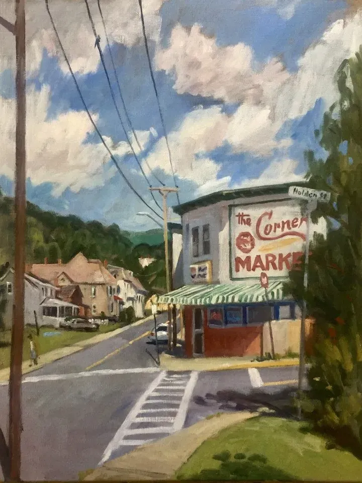 Large Original Landscape Painting -Corner Market- 22x28 Oil on Linen, American Plein Air Impressionist Cityscape, Signed Original Fine Art