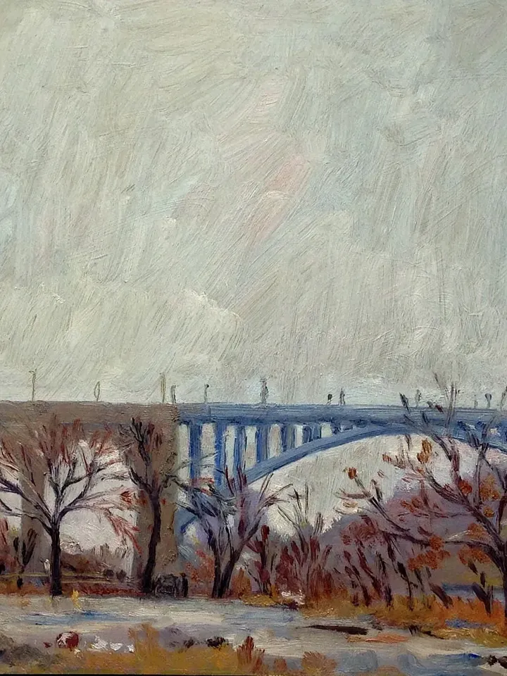 Original 9x12 New York City Landscape Painting -High Bridge/Rain/Bronx- Oil on Panel, Industrial Realism, Signed NYC Impressionist Fine Art