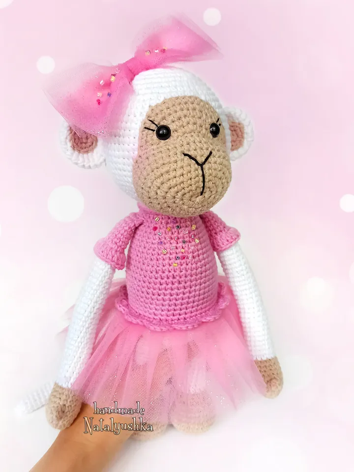 White Monkey soft Toy, Ballerina monkey, Handmade Monkey girl, Crochet monkey in a pink dress, Nursery decor