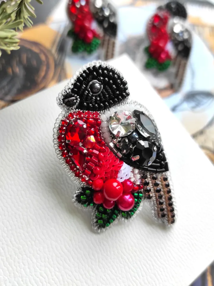 bullfinch brooch, bird brooch, brooch pin, beaded brooch, mothers day gift, handmade gifts, brooch, birds, hand embroide