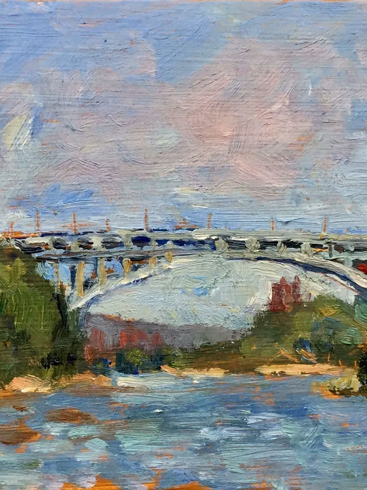 Small Original New York Landscape Painting -Summer/Henry Hudson Bridge/Inwood NYC- 4x6 Impressionist Oil on Panel, Signed Original Fine Art