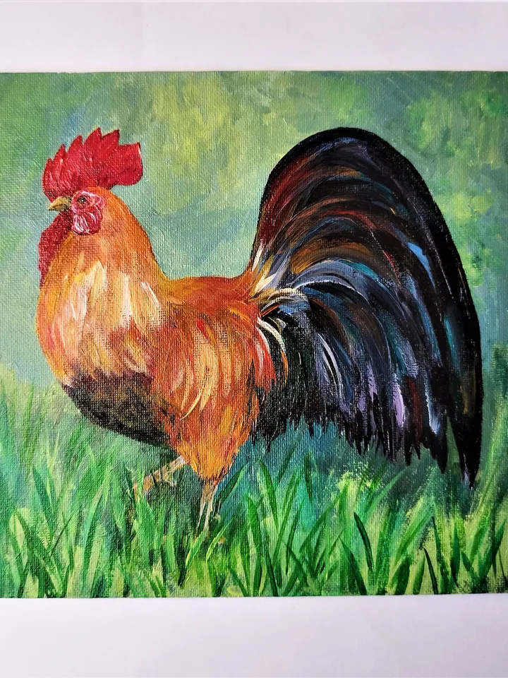Rooster painting, Farm bird original art, Farm animal acrylic painting, Chicken portrait
