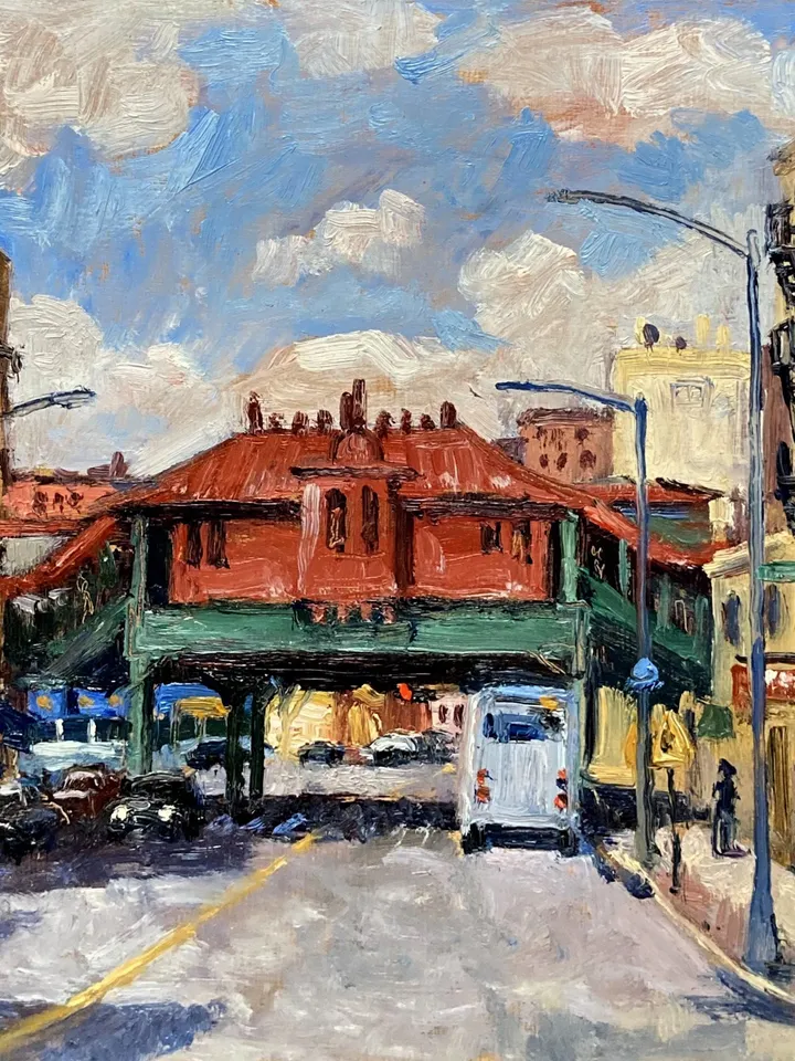Original Bronx Cityscape Painting - 238th St Station/NYC- 8x8 Oil on Panel, Urban Plein Air New York Impressionism, Signed Original Fine Art
