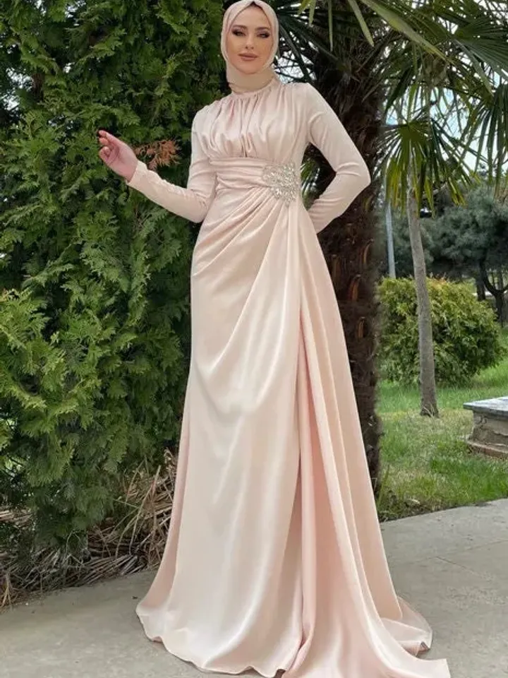 AHUNARE HIJAB - Berra Salmon Satin Wedding Dress, Muslim Evening Gown, Nikah, Islamic Wedding, Engagement, Bridesmaid,