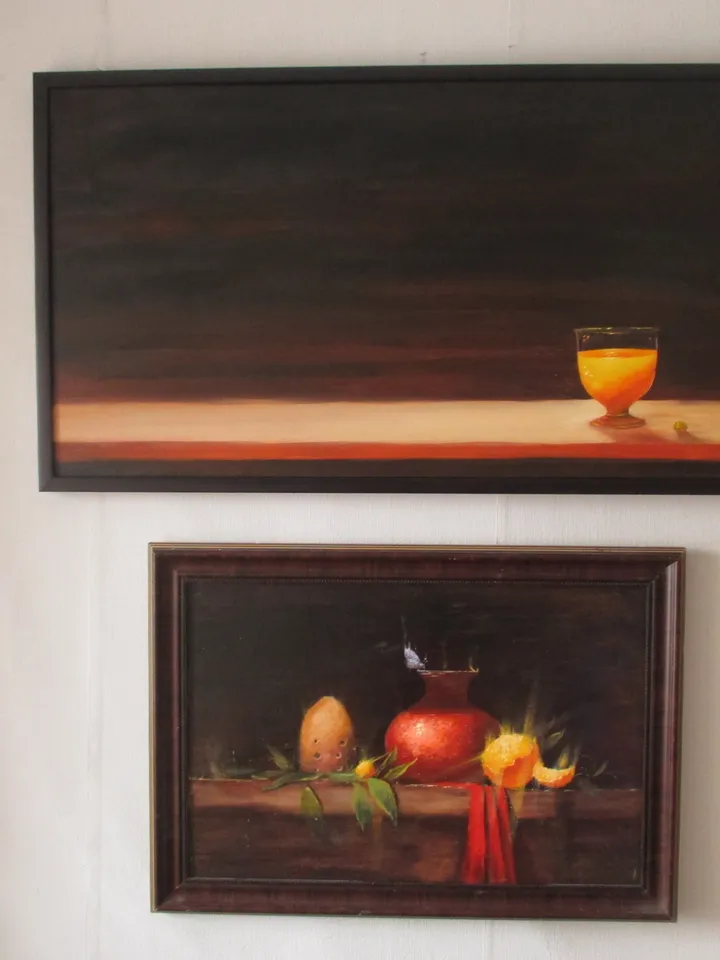 "PEACH JUICE." Original Oil Painting on Canvas, Minimalist Still Life Painting by "Walperion Paintings"