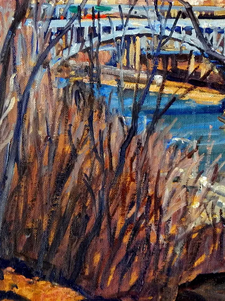Original New York Landscape Painting - High Bridge/Harlem River/NYC - 16x16 Oil on Canvas, Urban Impressionist Plein Air Fine Art