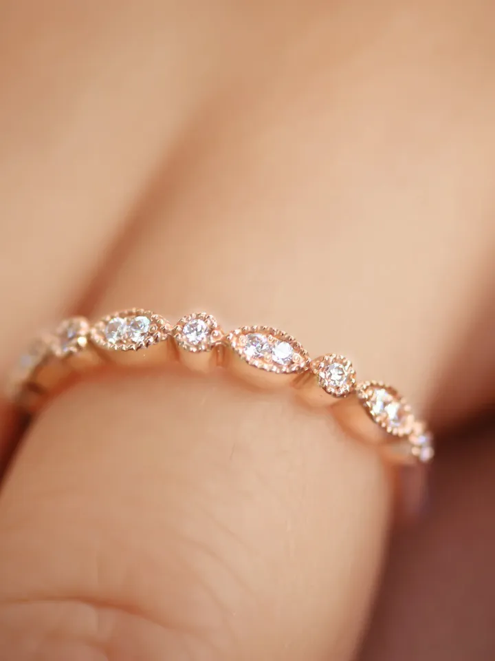 WOMEN WEDDING RING | Half Eternity Gold Ring For Wedding | Custom 14k Solid Gold Wedding Ring | Gift for Anniversary | Art Deco Jewelry