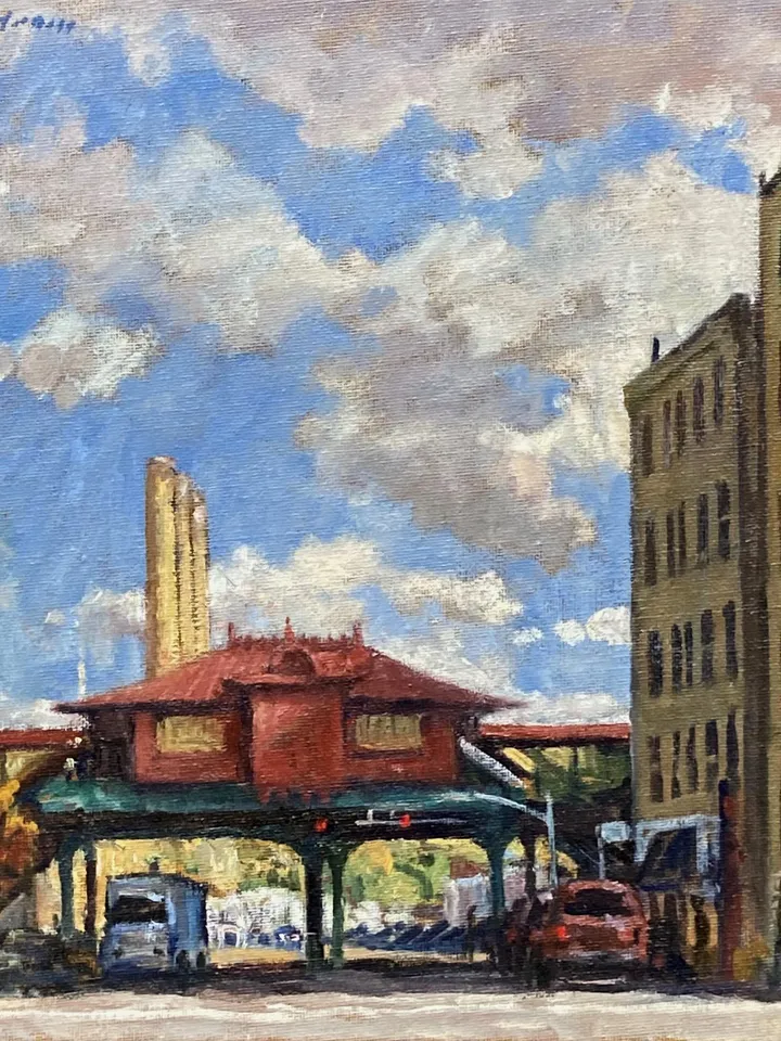 New York City Landscape Painting -215th Street Subway Station/NYC - 12x12 Oil on Canvas, NYC Urban Impressionist Signed Original Cityscape