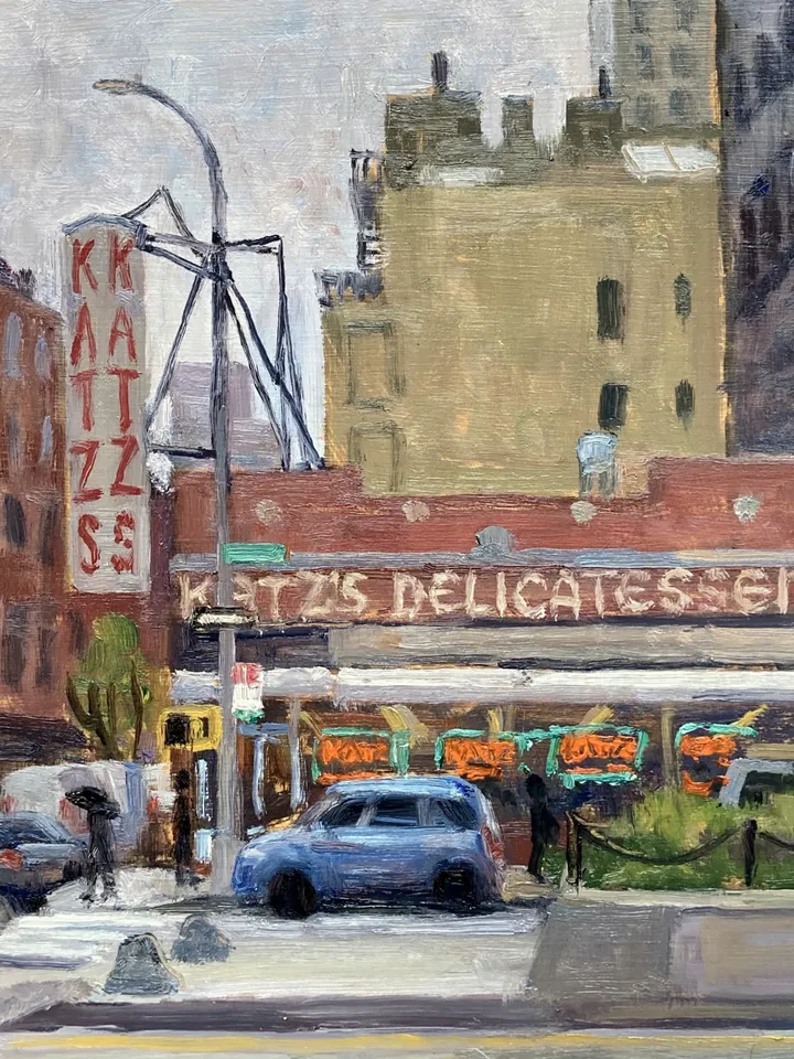 Original New York Cityscape Painting - Katz's Delicatessen/Lower East Side/NYC - 10x10 Oil on Panel, Signed New York Impressionist Fine Art