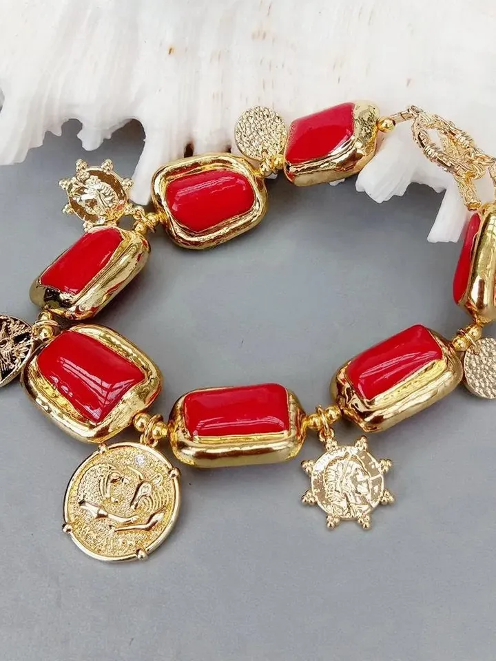 Luxurious Chunky Red Coral Bracelet with 18k Gold Plating and Dangling Greek Charms