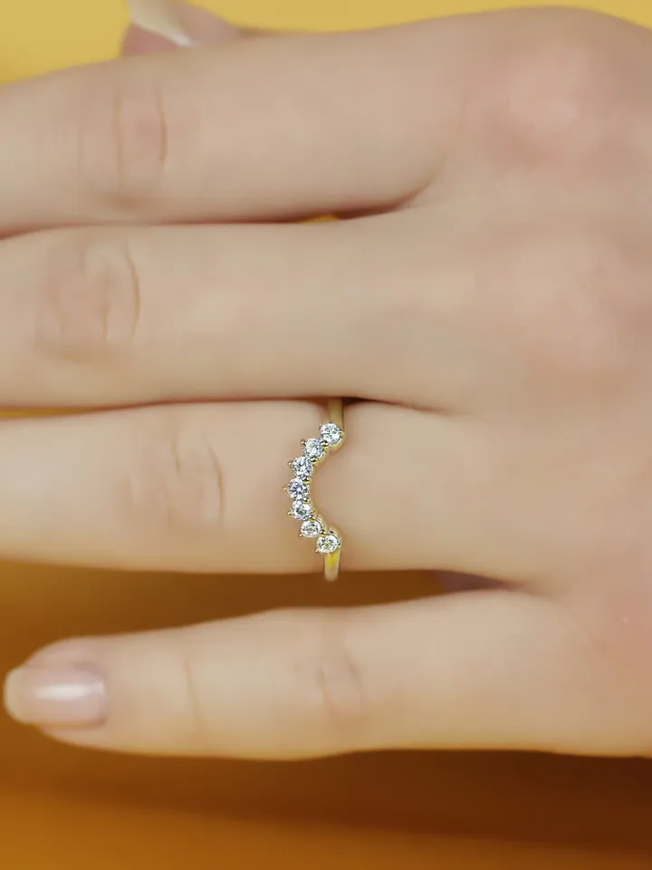 CURVED DIAMOND RING | Women Dainty Wedding Ring | 14k Solid Gold Curved Ring Band | Unique Gift For Her | Natural Diamond Wedding Ring
