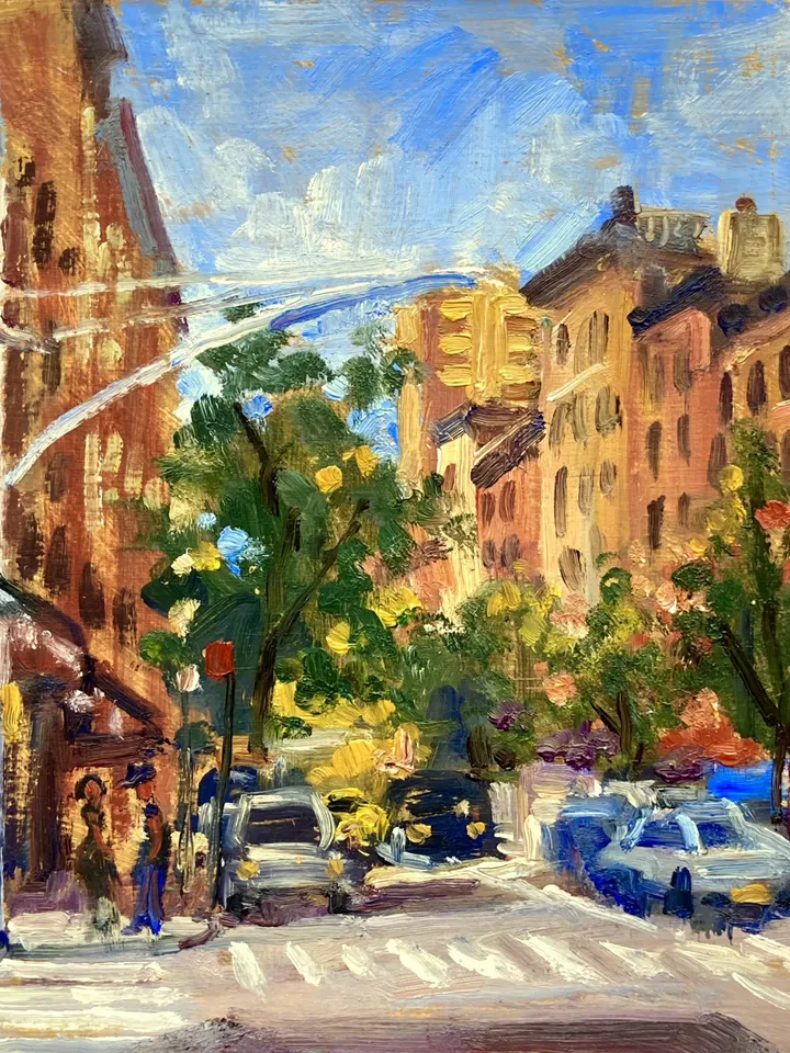 Original New York Cityscape Painting - From Avenue B/East Village/NYC - 8x8 Oil on Panel, New York Urban Impressionist Landscape