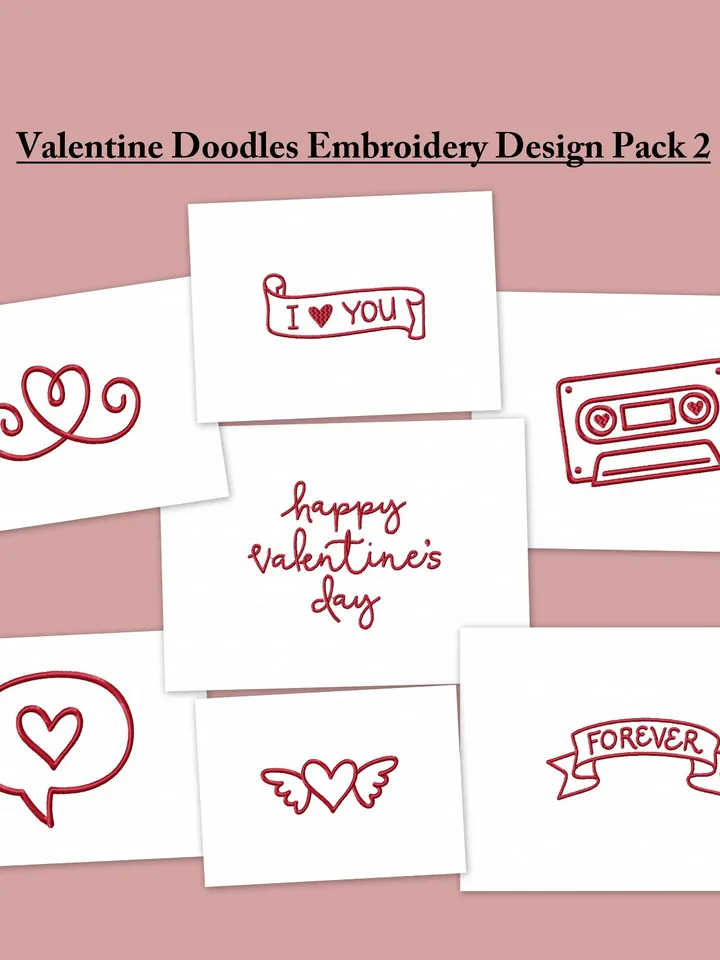 Valentine Doodles Embroidery Design Pack 2,Instant Download,Applique Design,digital file,Heart Swirl Talk Wing,I Love You,Love Casette Tape